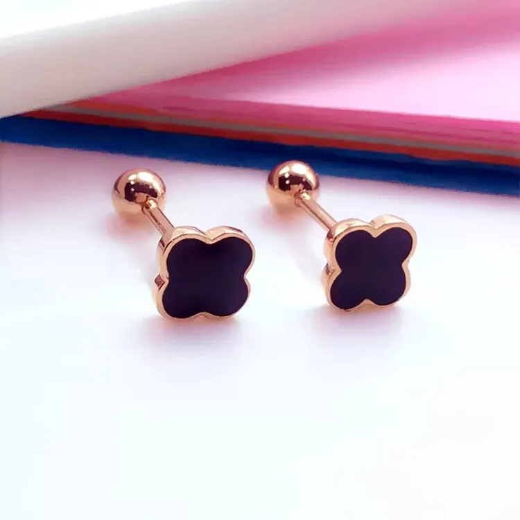 14k玫瑰金四叶草螺丝耳钉精致小巧经典简约黑色