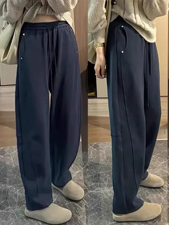 加绒加厚弯刀裤女休闲宽松大码显瘦胖妹妹香蕉裤阔腿慵懒运动卫裤