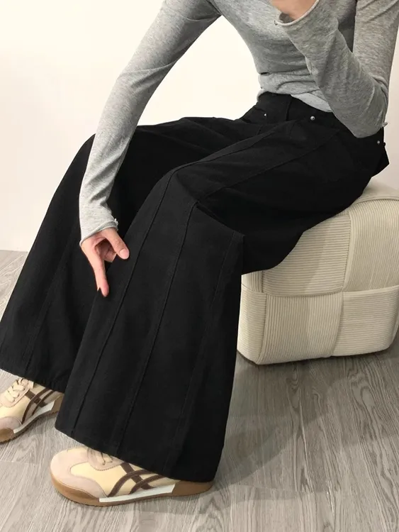 黑色阔腿牛仔裤女秋冬新款胖妹妹mm高腰宽松显瘦梨形身材直筒长裤