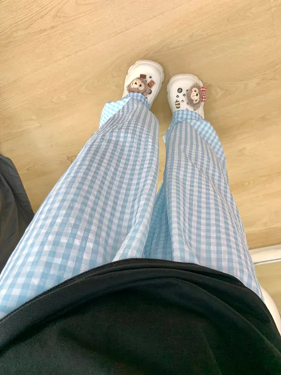 浅蓝色格子裤女夏季薄款胖妹妹mm梨形身材高腰宽松显瘦阔腿休闲裤