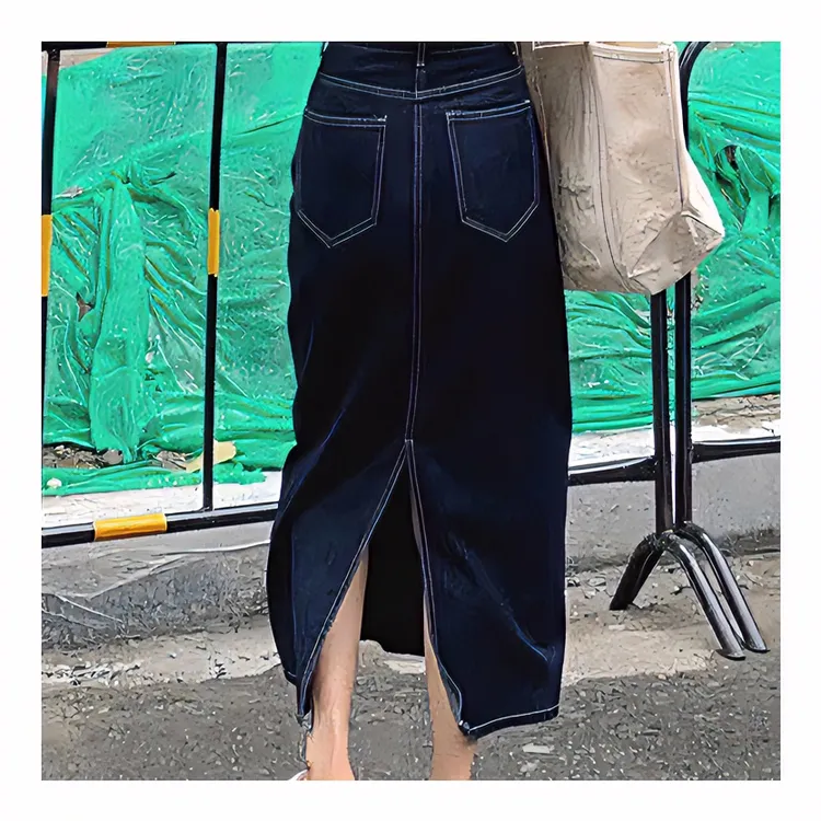 深蓝色开叉牛仔半身裙女夏薄款大码高腰遮胯梨形身材中长款a字裙