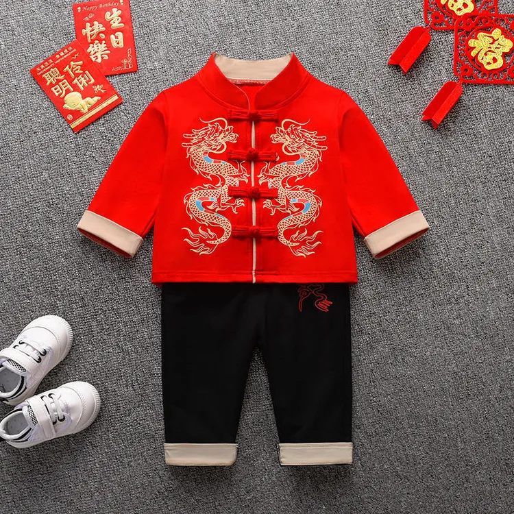 男宝宝唐装秋季高端男童周岁礼服套装婴儿龙宝红色中国风抓周衣服
