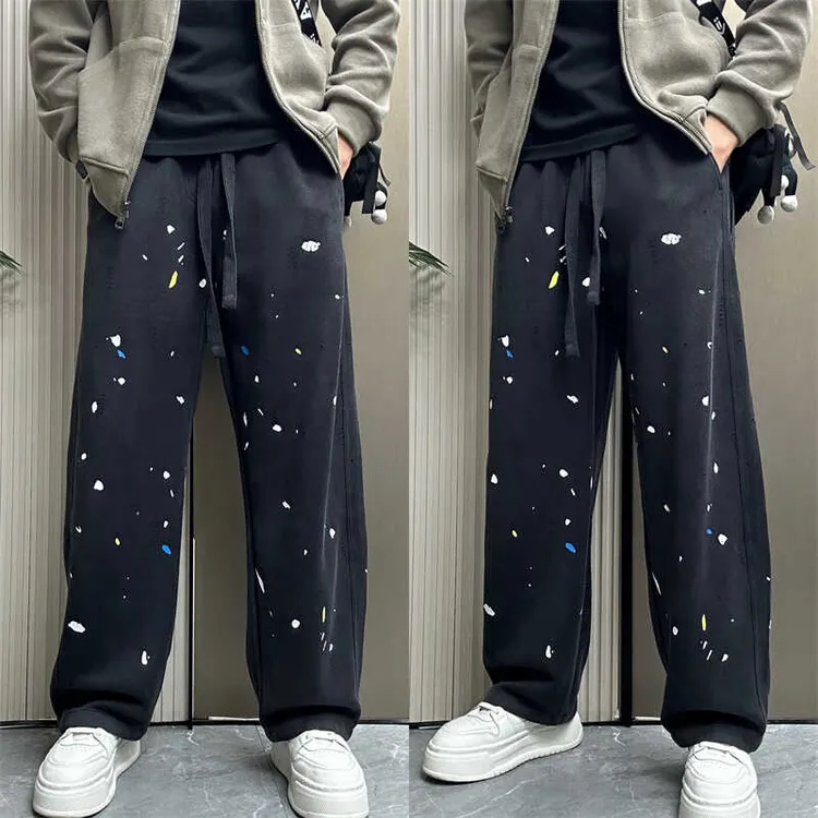 高街裤子男士春秋新款泼墨宽松直筒休闲裤男复古阔腿拖地弯刀裤男