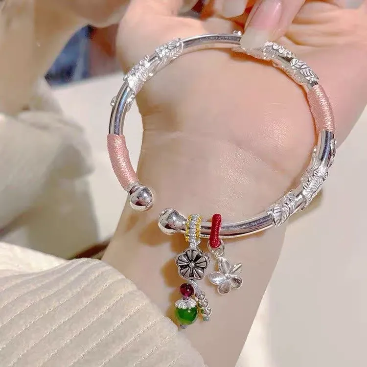 足银手镯 9999纯银繁花似锦手镯实心银镯子送女友生日情人礼物