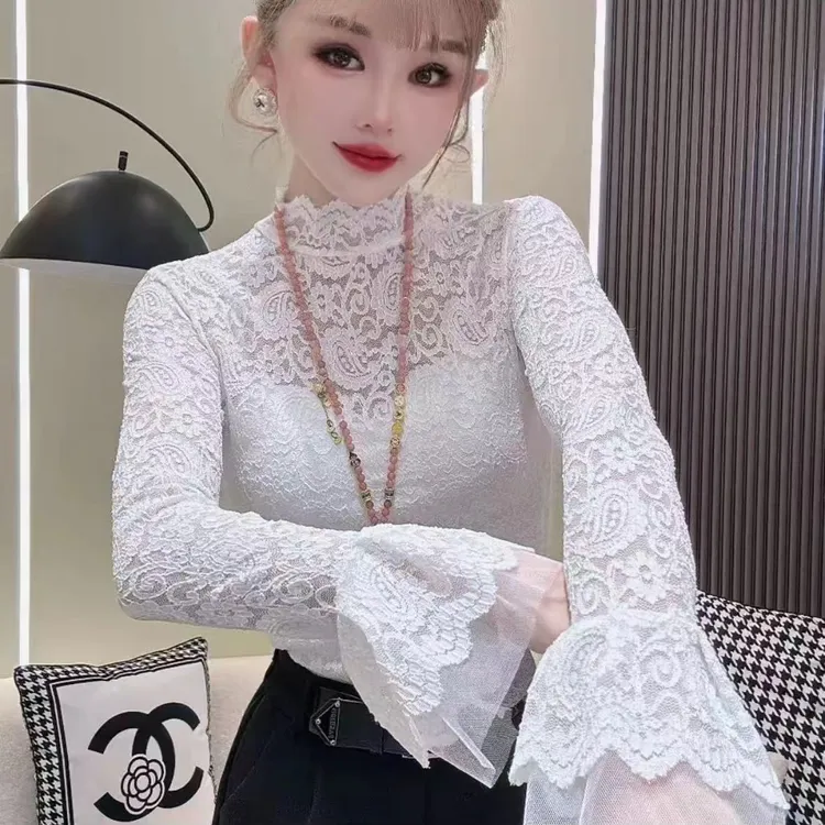秋季蕾丝打底衫新款网纱荷叶边半高领内搭喇叭袖修身百搭