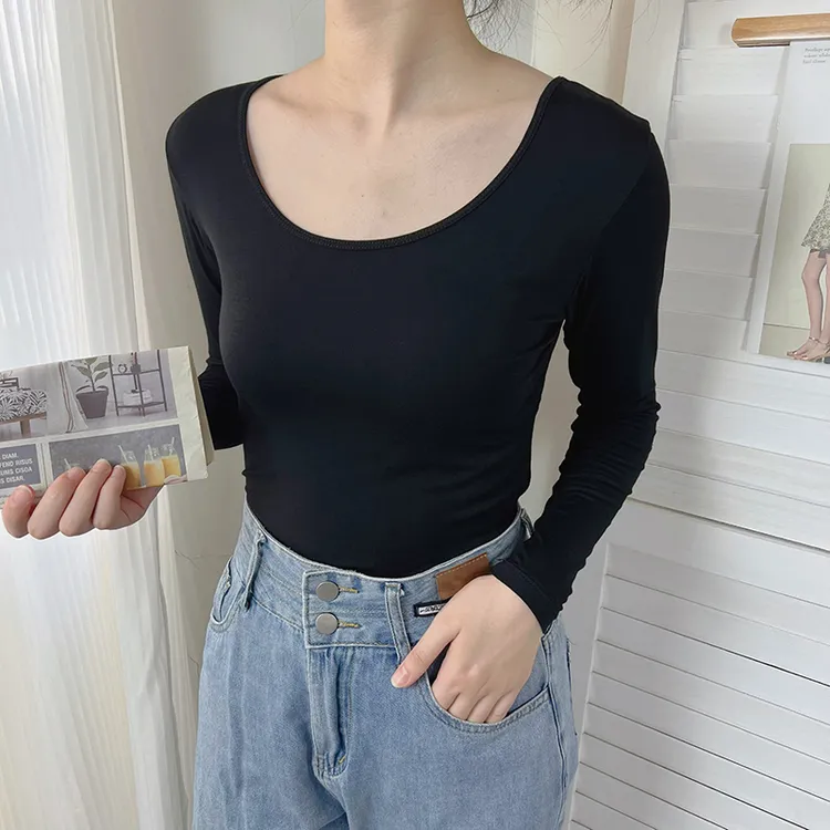 莫代尔U领打底衫女内搭长袖t恤2023新款春秋冬季低领洋气上衣薄款