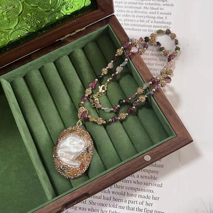 铜合金项链 法式天然巴洛克气质手工镶钻复古民族风时尚毛衣链