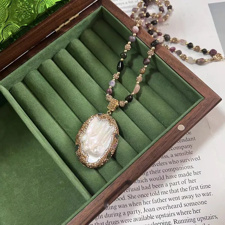 铜合金项链 法式天然巴洛克手工镶钻复古民族风时尚百搭毛衣链