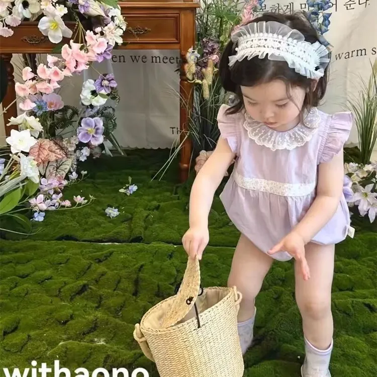 紫色碎花复古包屁ins韩系女宝甜美哈衣夏季薄款柔软婴儿爬服