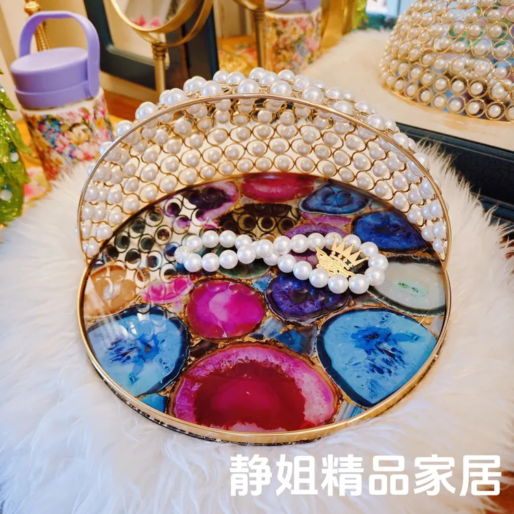 北欧轻奢个性玛瑙化妆盒摆件化妆品收纳盒置物托盘