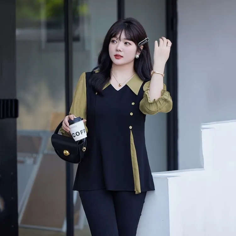 胖mm大码衬衫春季新款翻领开衩小衫假两件收腰显瘦百搭外穿上衣女