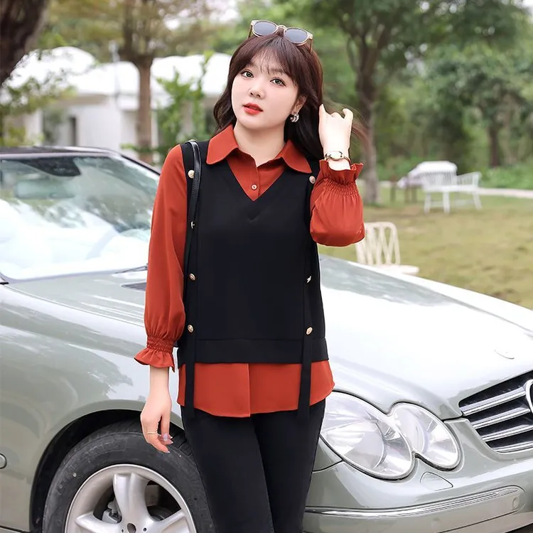 胖mm显瘦大码假两件上衣2024年春秋新款翻领套头长袖气质别致衬衫