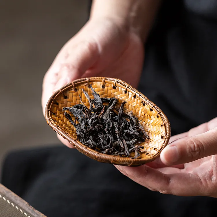 百垚大漆乌龟壳竹编茶则龟甲竹簸箕茶则赏茶荷文玩竹茶荷茶道配件