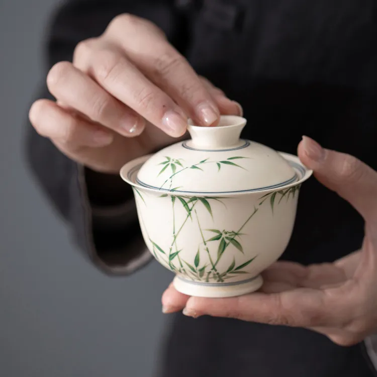 百垚纯手绘竹影青音盖碗家用两才泡茶碗陶瓷功夫茶具单个泡茶器