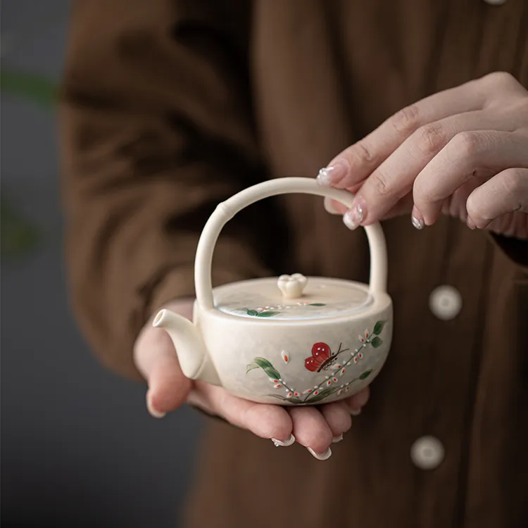 百垚手绘文心兰提梁壶家用水彩风泡茶器陶瓷带过滤小品壶礼盒装