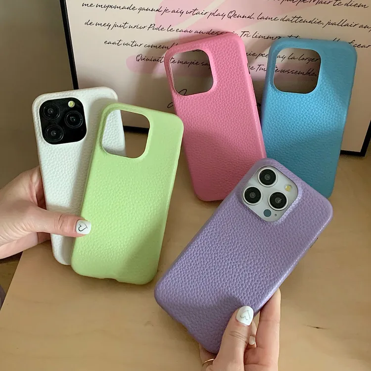 ins风简约纯色皮纹适用iPhone13/14Promax苹果12/15小众创意情侣