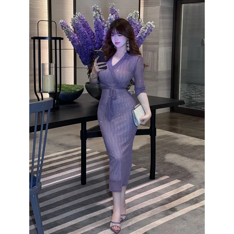 MengFairy清清【暮色鎏金】轻奢气质纹理收腰细闪性感连衣裙4007M