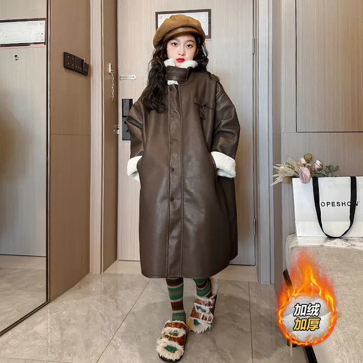 女童皮衣外套秋冬2025新款洋气女大童加绒加厚中长款冬季儿童大衣