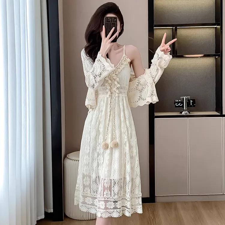 民族风开衫配吊带长裙女2025秋季新款波西米亚大码法式连衣裙子女