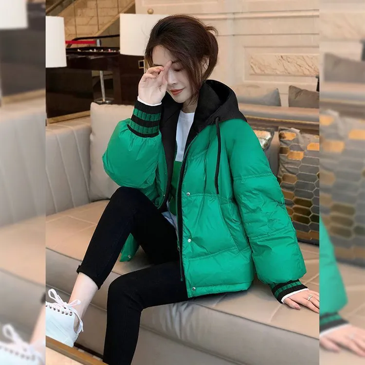 绿色短款加厚棉服女连帽拼接加厚保暖时尚上衣冬装2025新款欧洲站