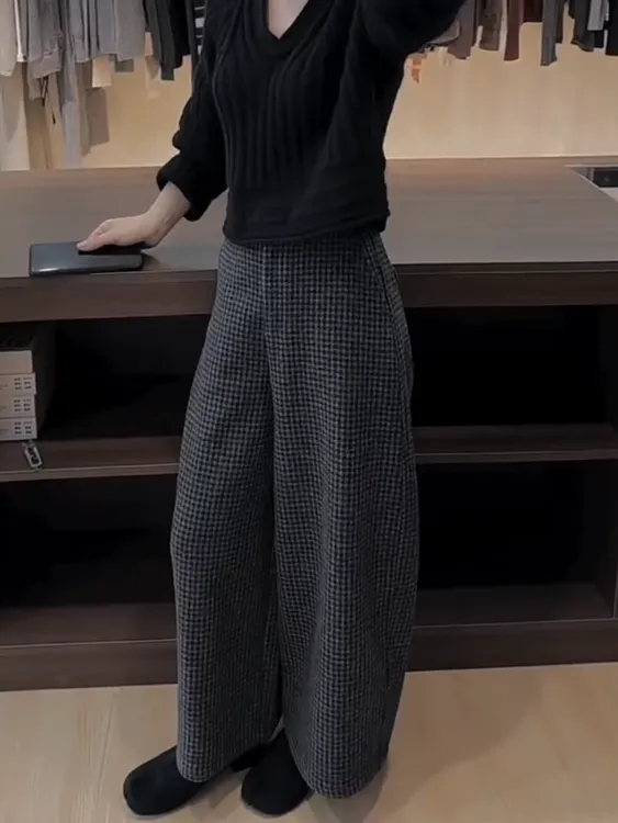 韩系慵懒感百搭毛呢格子裤2025年秋冬新款加绒高腰显瘦九分阔腿裤