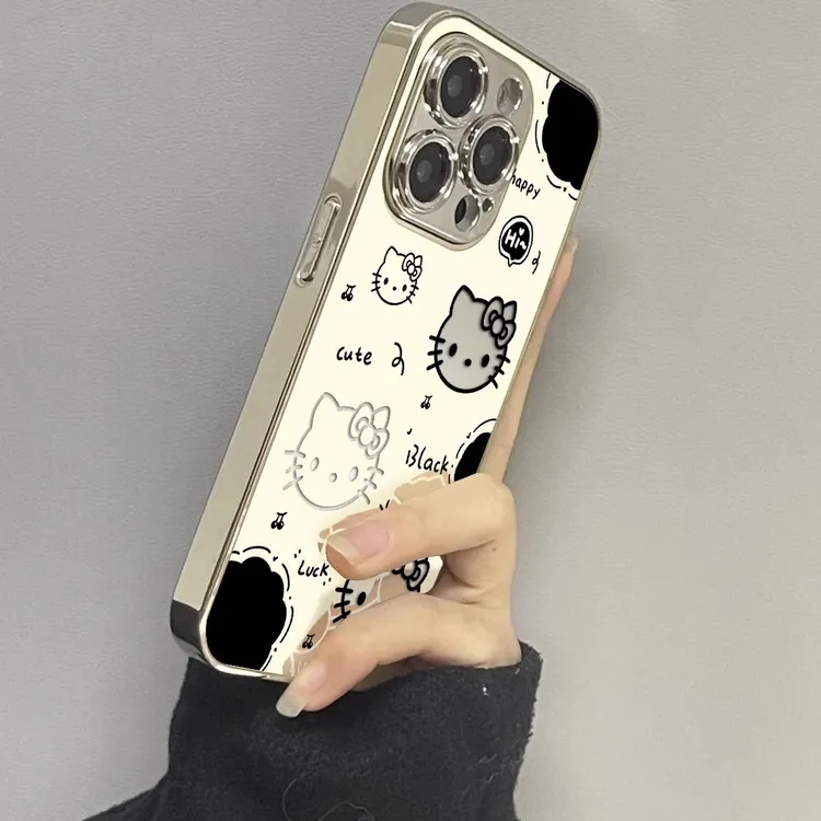满屏KT猫适用苹果16promax手机壳电镀镜面iPhone15新款12可爱卡通