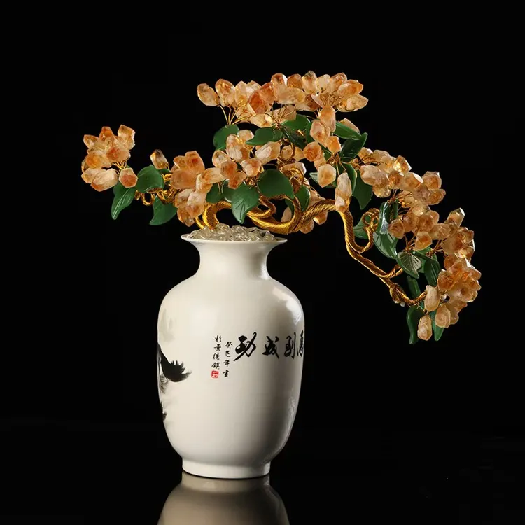 天然巴西黄水晶芽 迎客松摆件 发财树 原石工艺品水晶原石工艺品