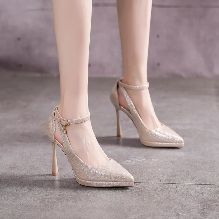 11CM金色名媛宴会细跟防水台单鞋2024年新款高跟鞋一字扣带105-66