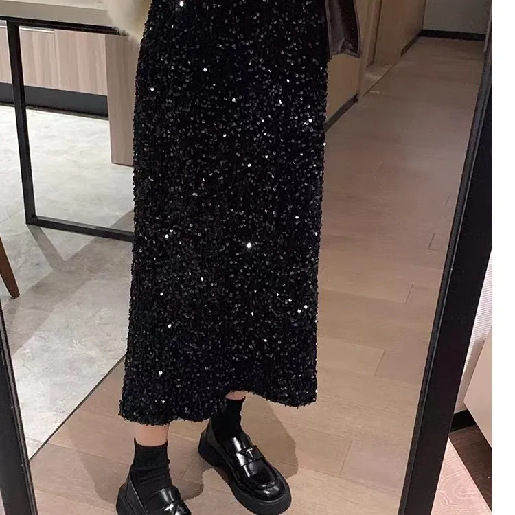 丝绒亮片半身裙女秋冬黑色亮闪闪半裙小个子长裙直筒开叉显瘦裙子