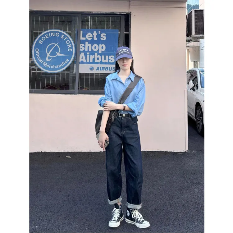 深蓝牛仔裤女2025年新款高腰显瘦直筒裤子宽松阔腿裤春季长裤