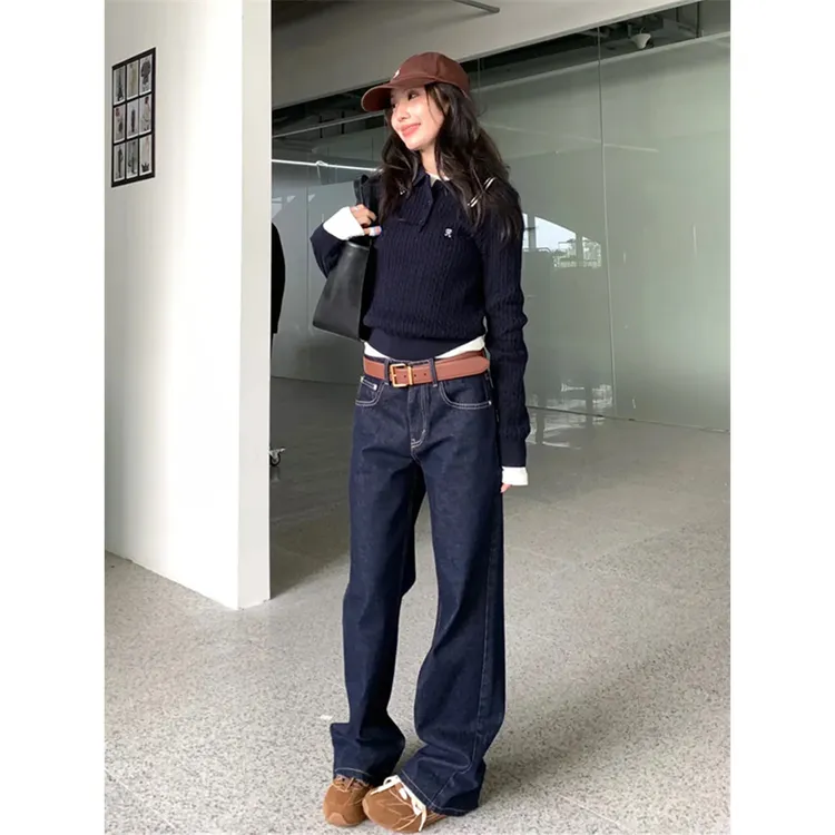 2025秋冬新款高腰显瘦时尚牛仔裤美式复古深蓝色窄版直筒长裤子女