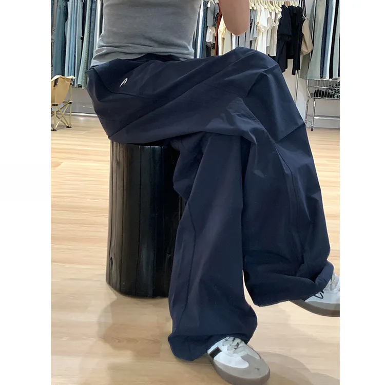 春季高腰宽松束脚休闲裤子高个子加长藏蓝色工装速干阔腿裤女