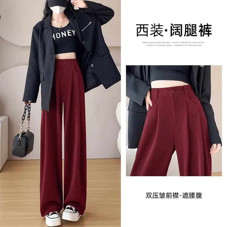 安可拉红雪尼尔阔腿裤女秋冬新款加绒加厚直筒高腰显瘦垂感休闲裤