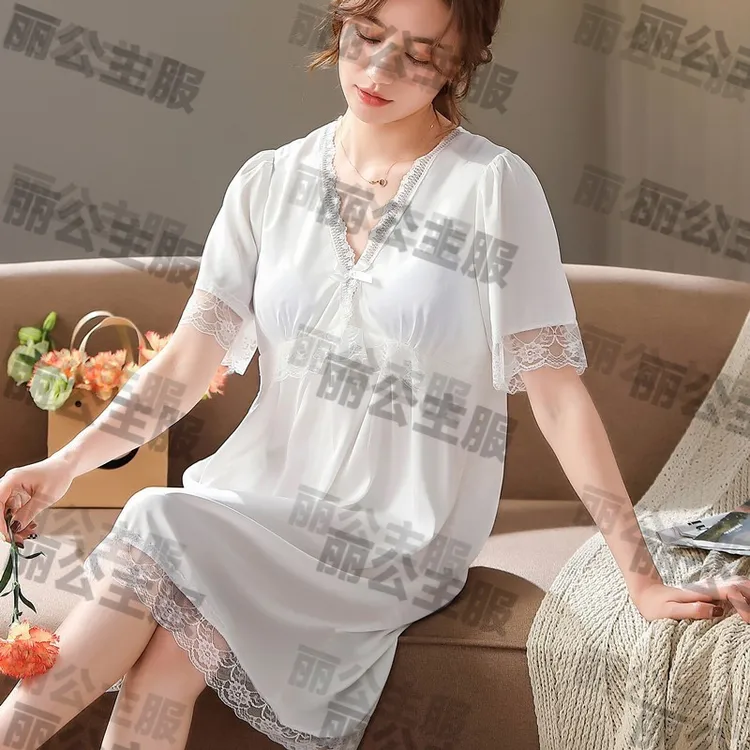 新款春夏新款带胸垫丝绸薄款睡衣宫廷复古公主风蕾丝网纱短袖冰丝