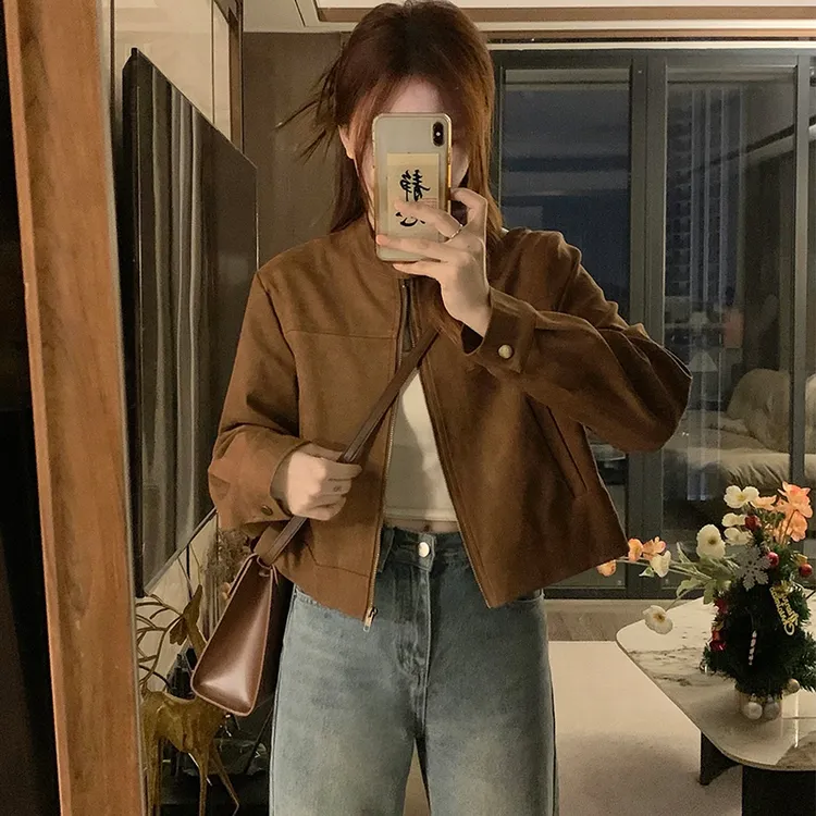 美式复古短款外套女春秋新款12-18岁初中高中学生百搭休闲夹克衫