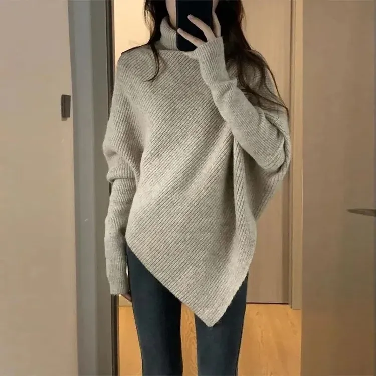 不规则高领纯色毛衣女秋冬2024韩版宽松慵懒风软糯针织上衣加厚