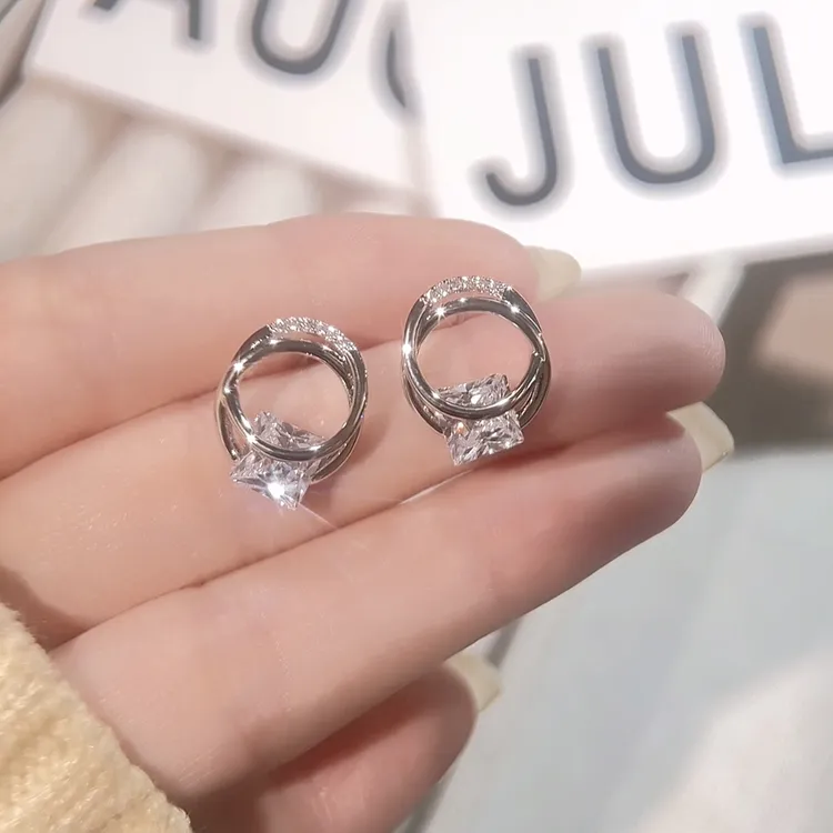 铜合金合成锆石耳饰 F088交叉双圈锆石耳环 精致时尚气质百搭