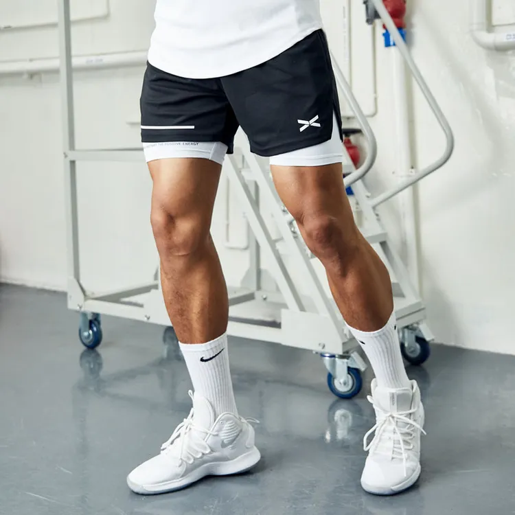 维特客假两件美式短裤男健身跑步运动速干夏高弹内衬三分裤5222-2