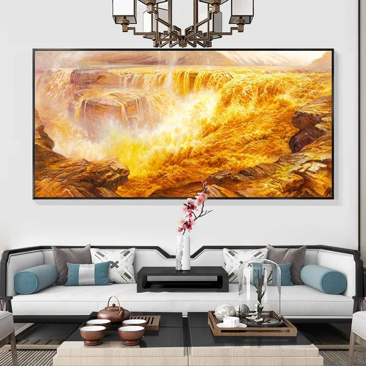 黄河壶口瀑布新中式客厅装饰画横版客厅风景挂画书房壁画晶瓷画