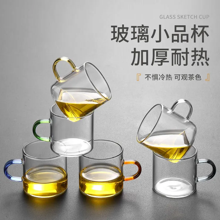 六色玻璃茶杯小茶杯家庭喝水 杯透明带把把手玻璃杯水杯家用过滤
