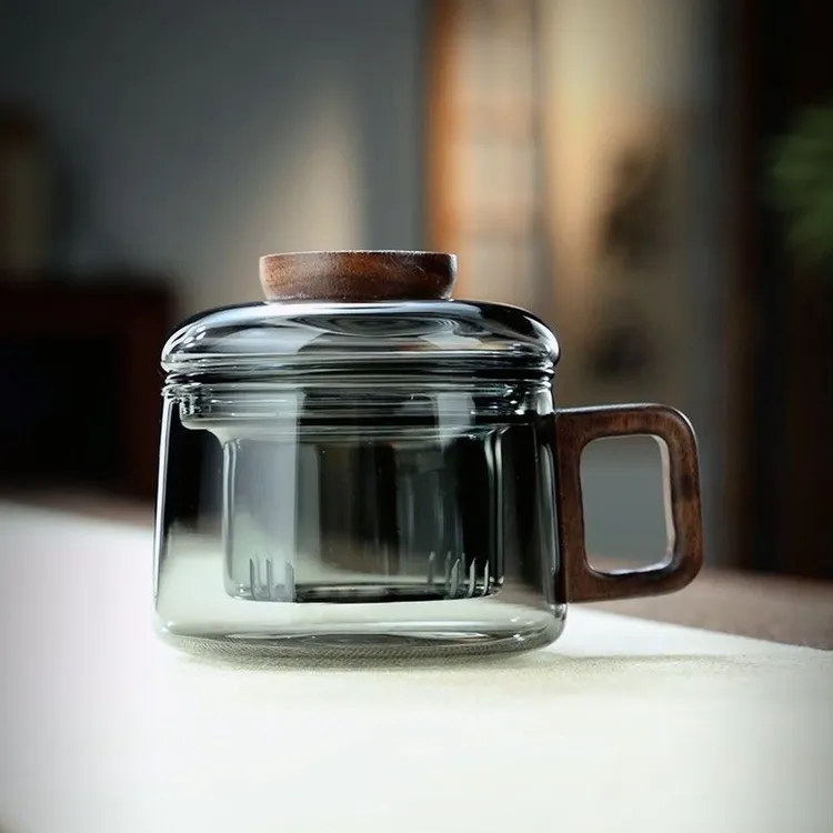 加厚墩墩杯迷你茶杯玻璃三件办公室茶水分离水杯防烫高档家用木柄