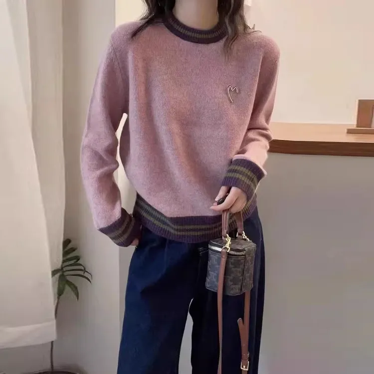 秋冬新款时髦百搭圆领拼色长袖针织毛衣女设计感洋气显瘦套头上衣