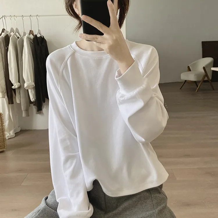 棉质t恤女式春秋新款宽松显瘦插肩袖上衣简约基础款短款减龄卫衣