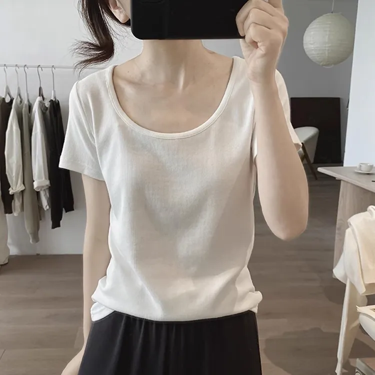 螺纹棉质圆领t恤女夏季新款简约显瘦韩版基础款短袖减龄打底上衣
