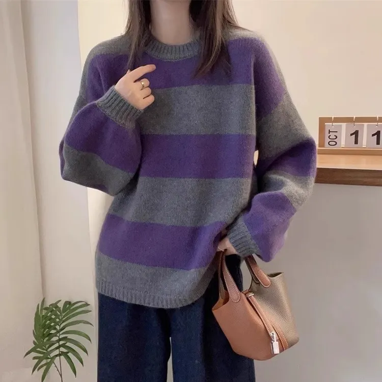百搭显瘦圆领撞色横条纹毛衣女秋冬新款宽松慵懒风软糯针织衫上衣