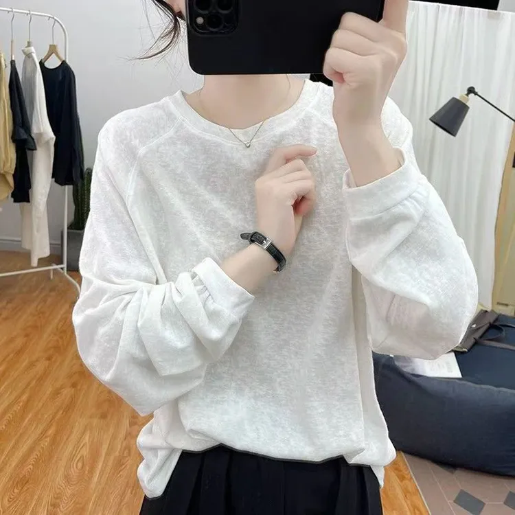 宽松舒适雪花棉长袖t恤女春秋款薄款简约圆领基础款上衣百搭打底