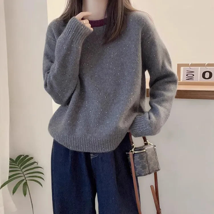 秋冬新款拼色圆领亮片针织衫女小香风软糯毛衣内搭打底别致上衣潮