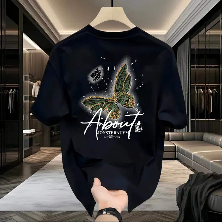 斑驳彩蝶纯棉高级感时尚夏日短袖T恤男士新款百搭上衣印花夏季