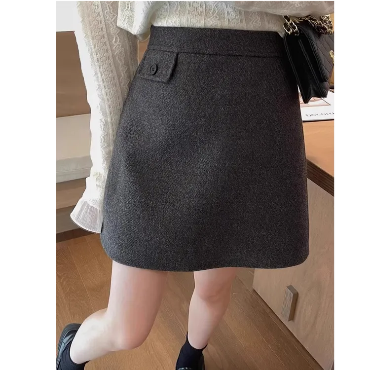 灰色毛呢半身裙秋冬新款胖mm百搭a字包臀裙高腰显瘦黑色大码短裙