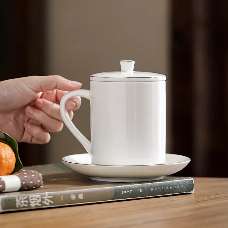 越顺白瓷办公杯带盖水杯家用陶瓷德化高档玉瓷会议杯喝茶泡茶杯子